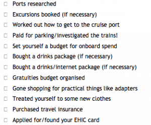 pre cruise organisation check list
