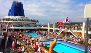 britannia sail away party p&o cruises top deck union jack flag UK