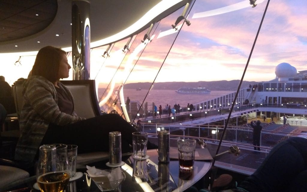 msc meraviglia sky lounge sunset cruise ship girl