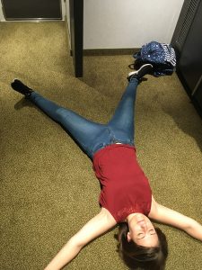 msc meraviglia inside cabin girl laying on floor ref tshirt jeans