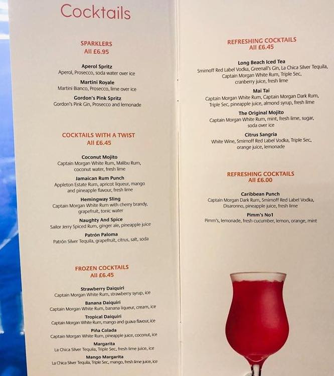 p&O cruises drinks menus cocktails