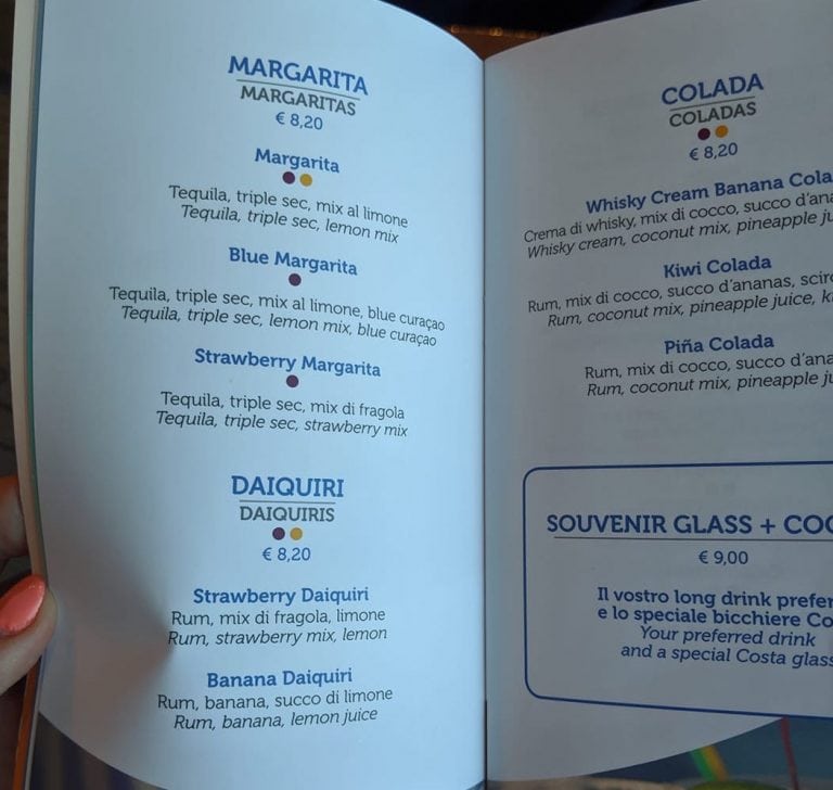 costa cruises drinks