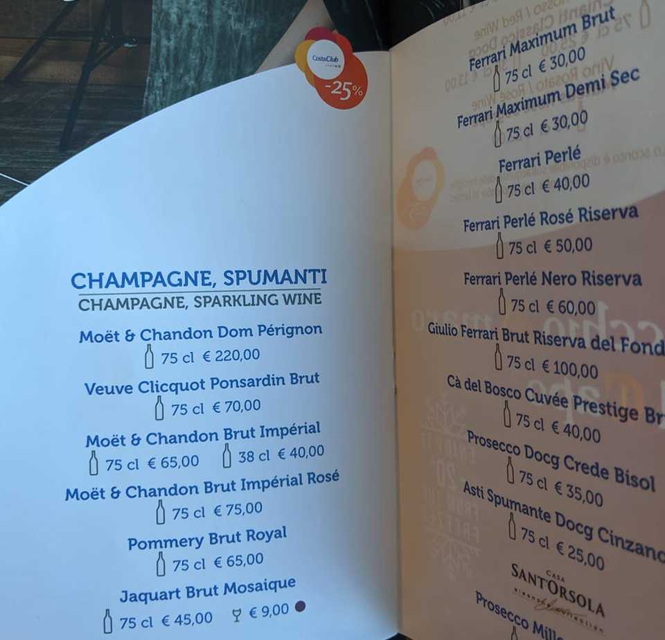 costa cruises drinks menu champagne