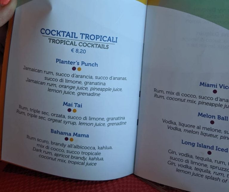 costa cruise room service menu