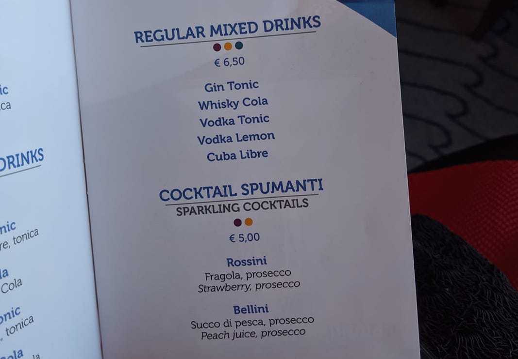 costa cruises drinks menu 