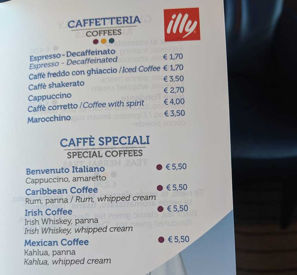 costa cruises drinks menu illy coffee