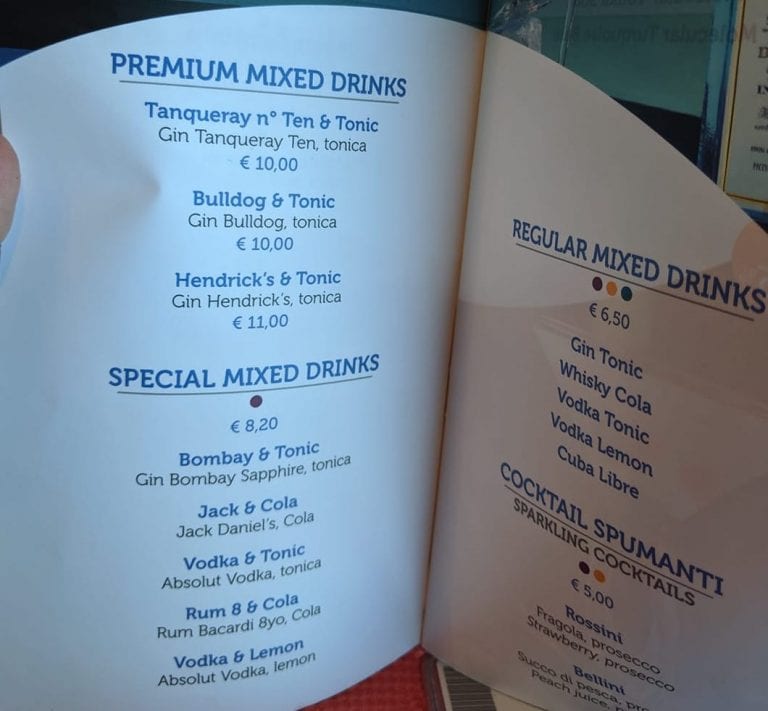 costa cruises menu