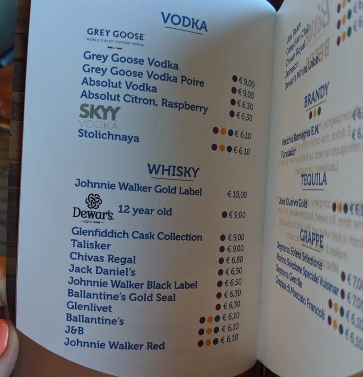 costa cruises menu