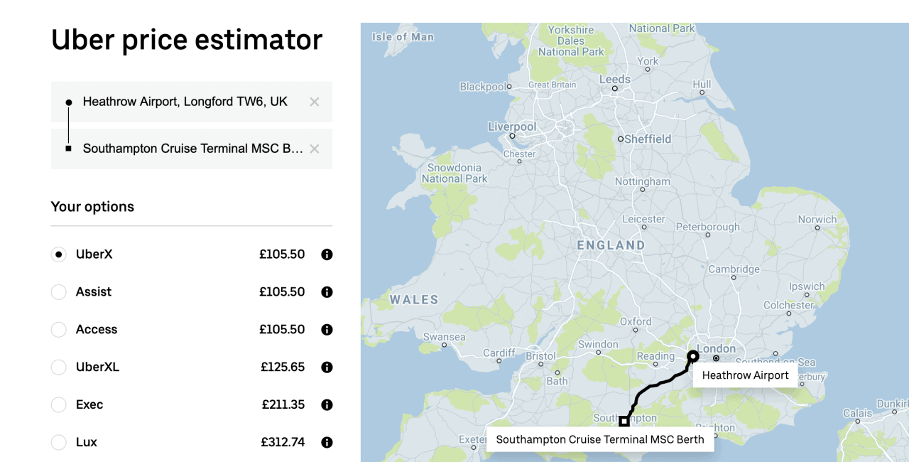 getting an uber heathrow airport to southampton cruise port