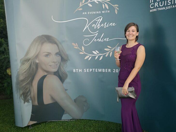 emma cruises katherine jenkins with mia tui bag