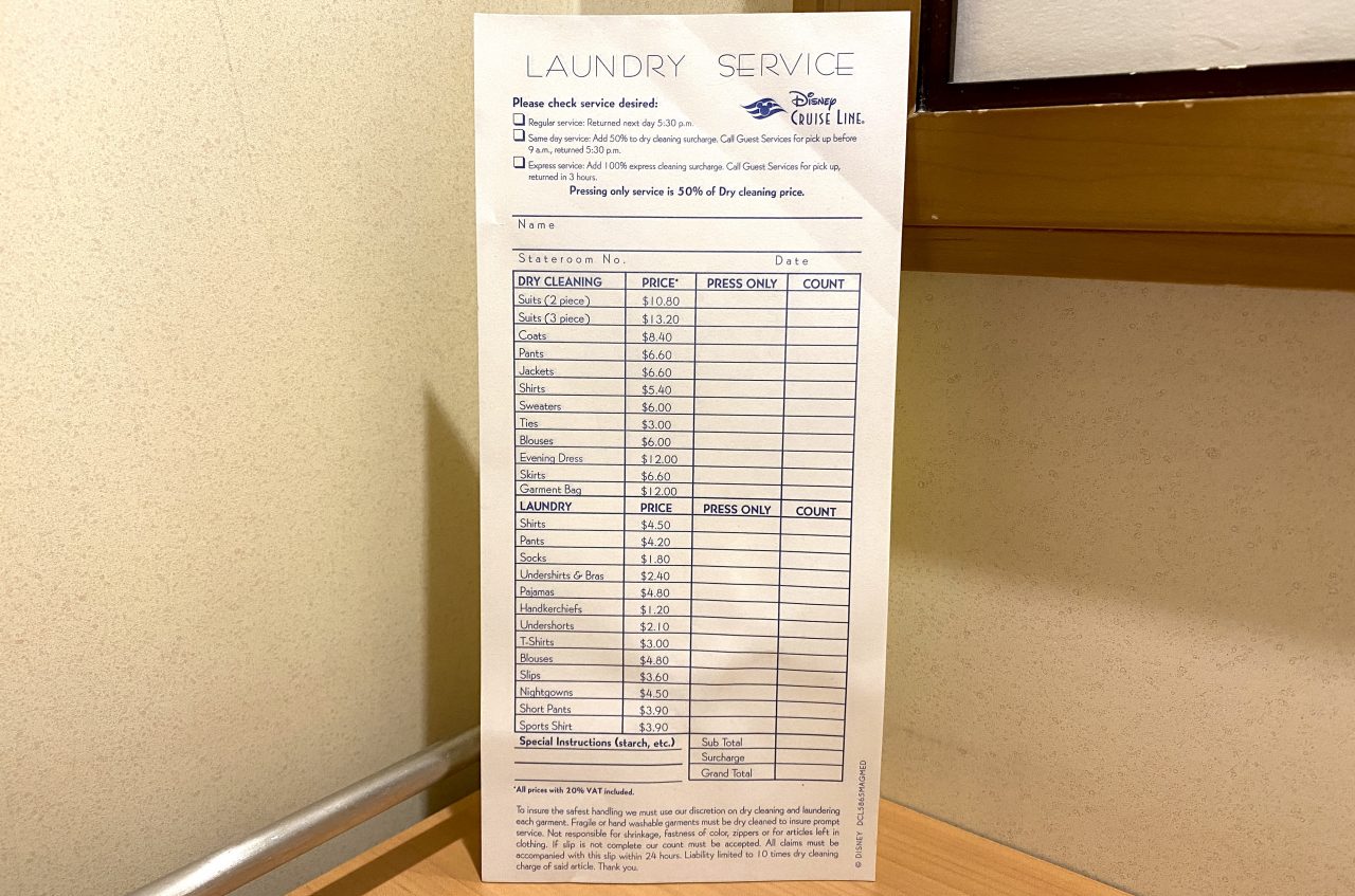 disney cruise line laundry price list