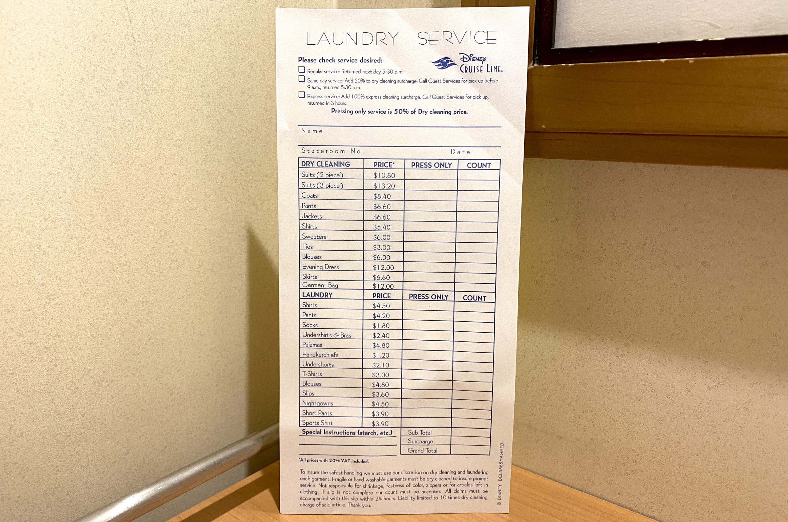 disney cruise line laundry prices