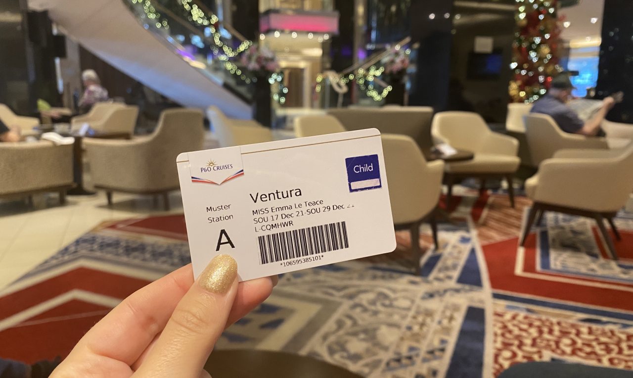 p&o ventura cruise card with child sticker in atrium