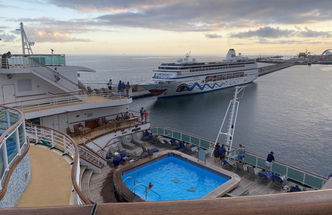 p&o cruises ventura aft pool with view of AIDA cruise ship