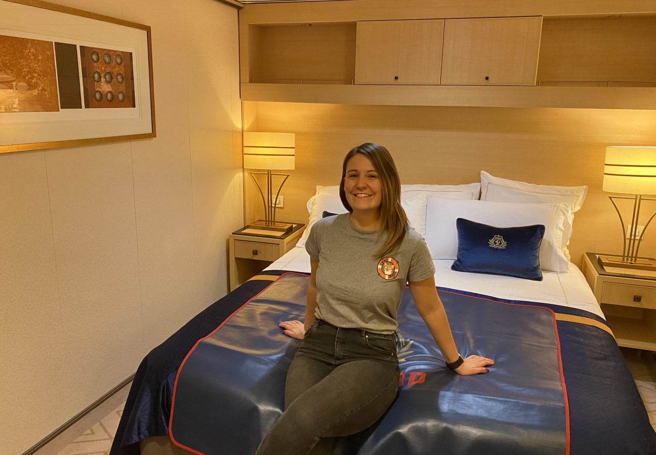 Emma cruises in an inside cabin on the Queen Mary 2
