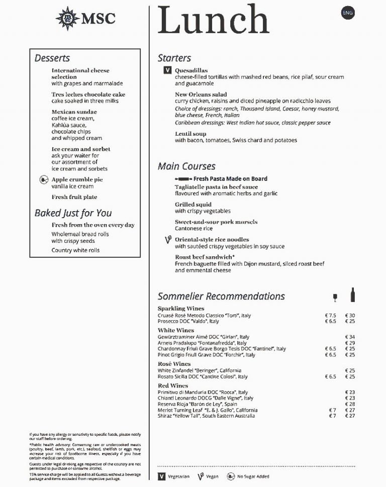 msc euribia yacht club restaurant menu