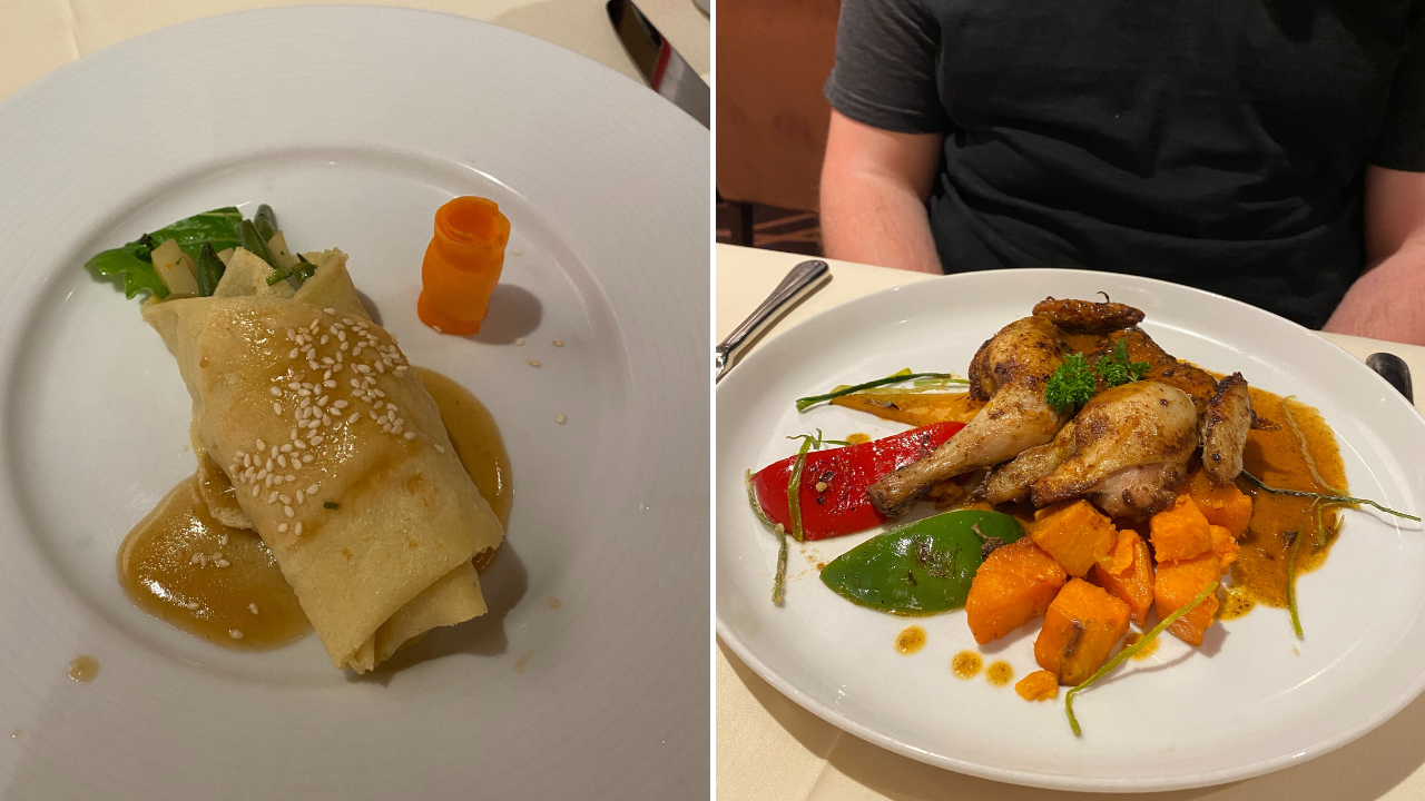 msc cruises main dining room dinner menu oriently roll and chicken hen 
