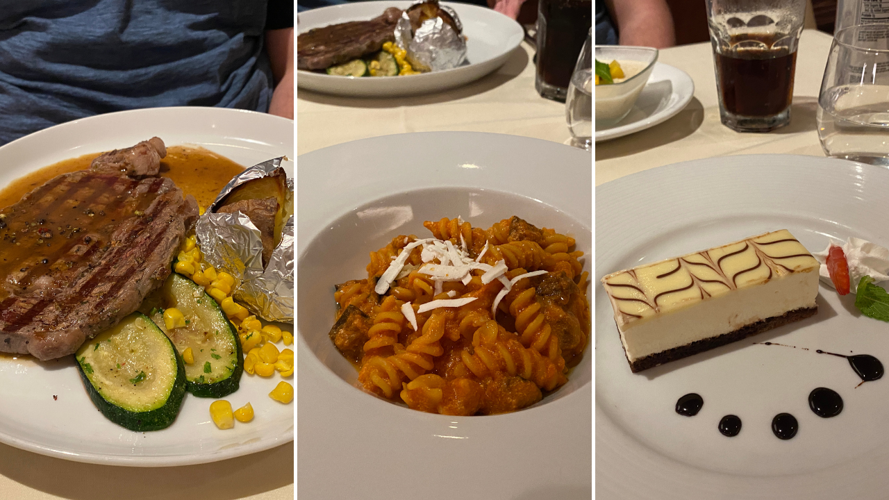 msc cruises main dining room food steak pasta and dessert 