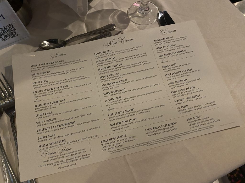 royal caribbean main dining room example menu