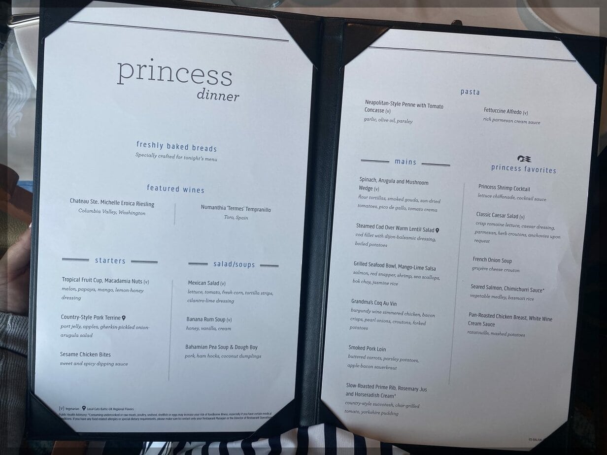princess cruises dinner menu