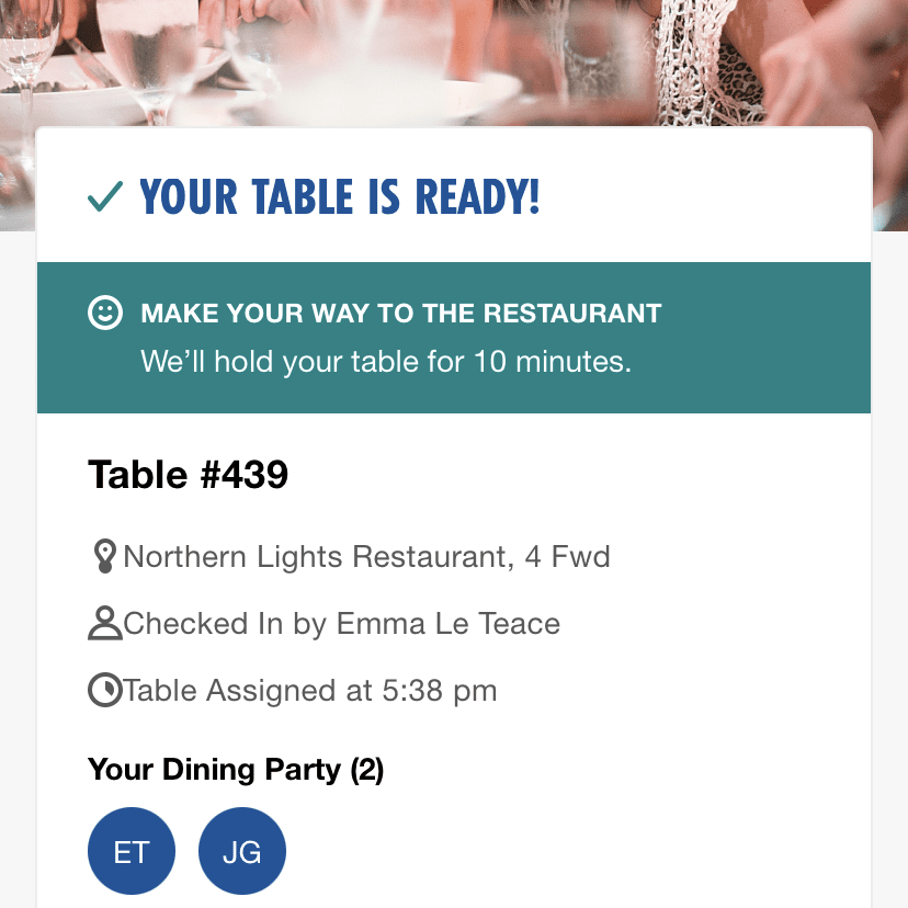 Screenshot of the dining confirmation in the Carnival Hub app