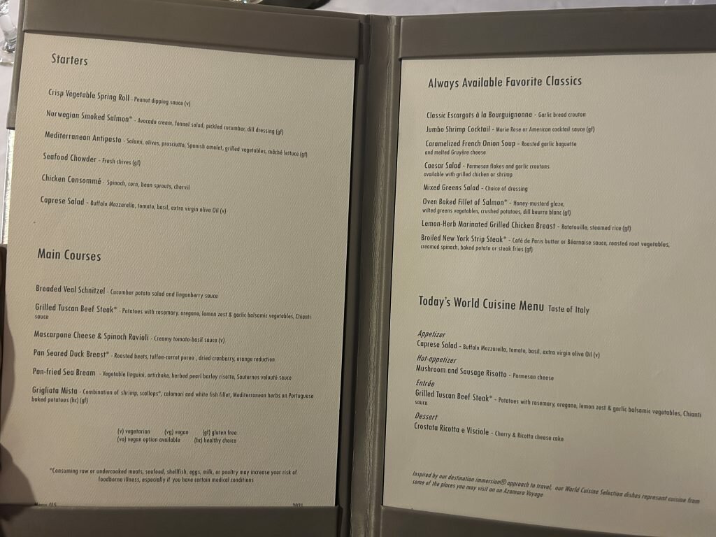 Azamara Onward main dining room menu