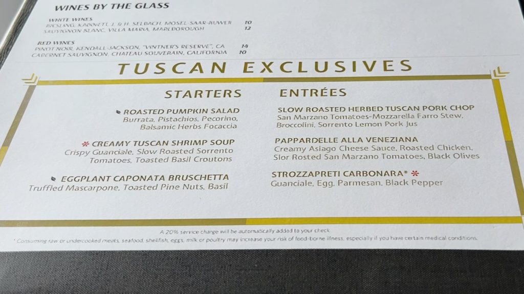 Tuscan main dining room menu