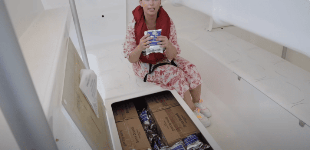 inside cruise ship lifeboat water packet rations