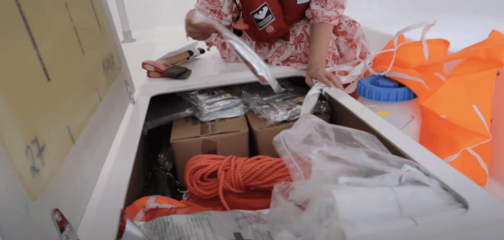 emergency supplies inside cruise ship lifebaot rope blankets