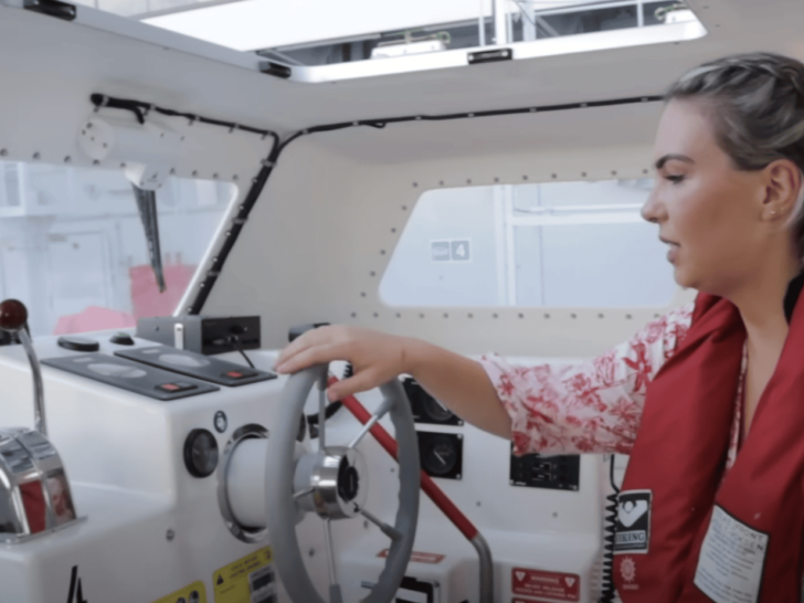 inside cruise ship lifeboat drivers seat engine