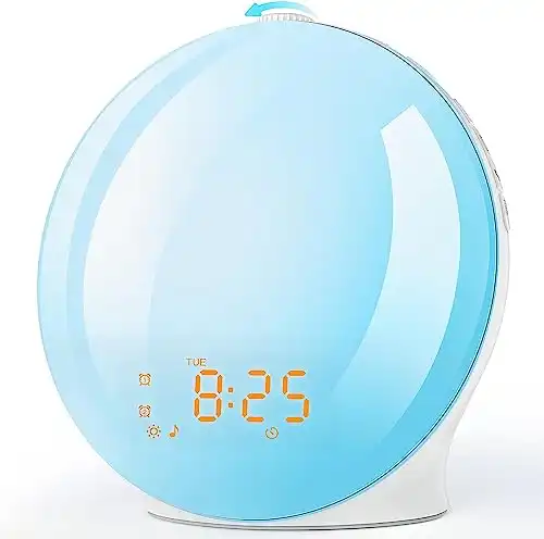 Alarm Clock Wake Up Light with Sunrise/Sunset Simulation Dual Alarms and Snooze Function, 7 Colors Atmosphere Lamp, 7 Natural Sounds and FM Radio, Built-in Phone Charging Port [Energy Class G]