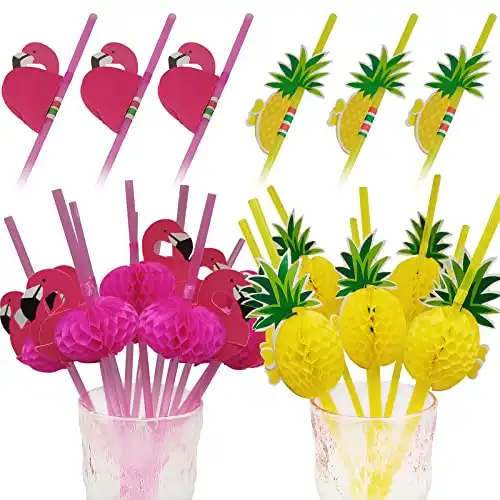 100 pcs Disposable Straws Fruit Straws Umbrella Straws Party Table Decor Tropical Drinks for Cocktail Soft Drinks Hawaiian Luau Party Supply (50 Flamingo +50 Pineapple Straws)