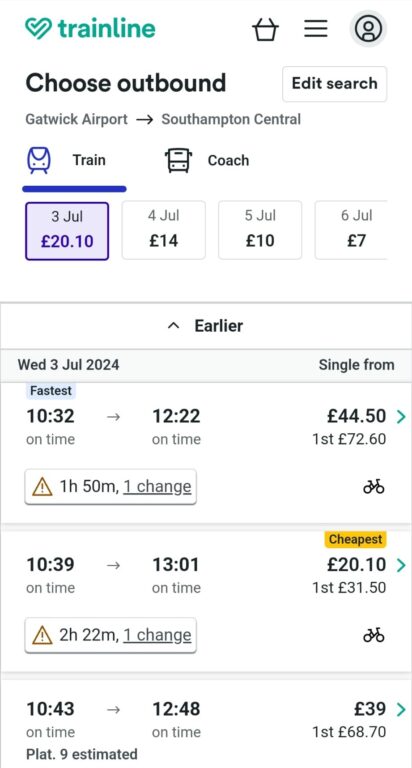 Trainline Gatwick to Southampton