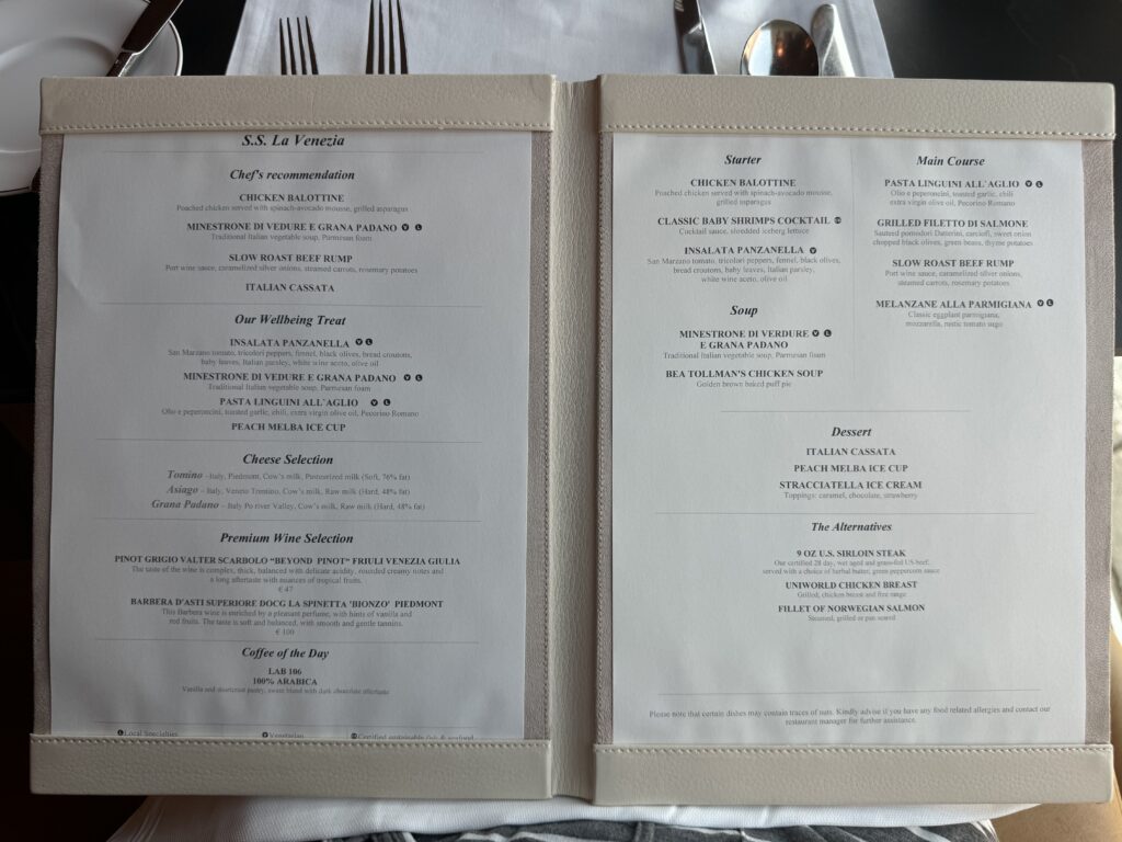 Uniworld river ship SS La Venezia menus