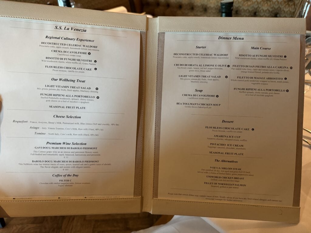 Uniworld river ship SS La Venezia menus