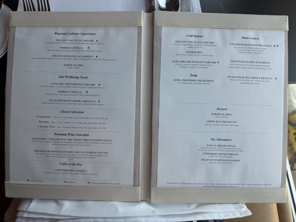 Uniworld river ship SS La Venezia menus