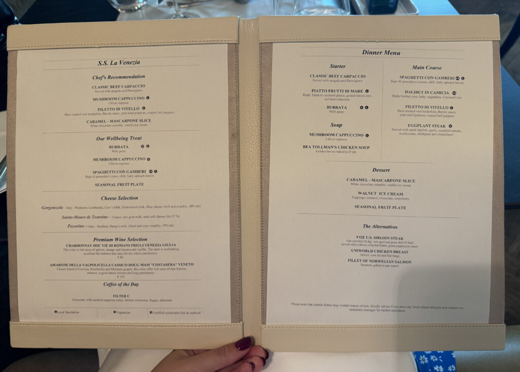 Uniworld river ship SS La Venezia menus