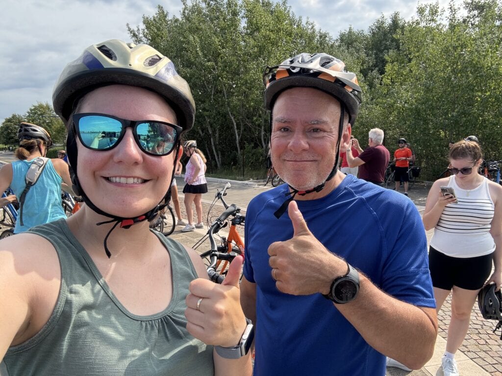 Emma and Dad, cycling in Venice