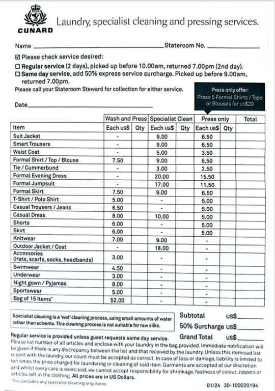 Cunard laundry prices