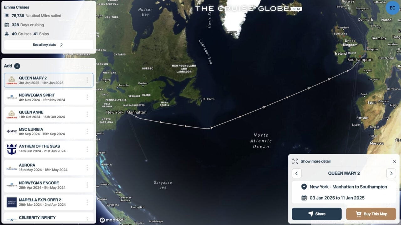 Cruise map image of Queen Mary 2 transatlantic crossing